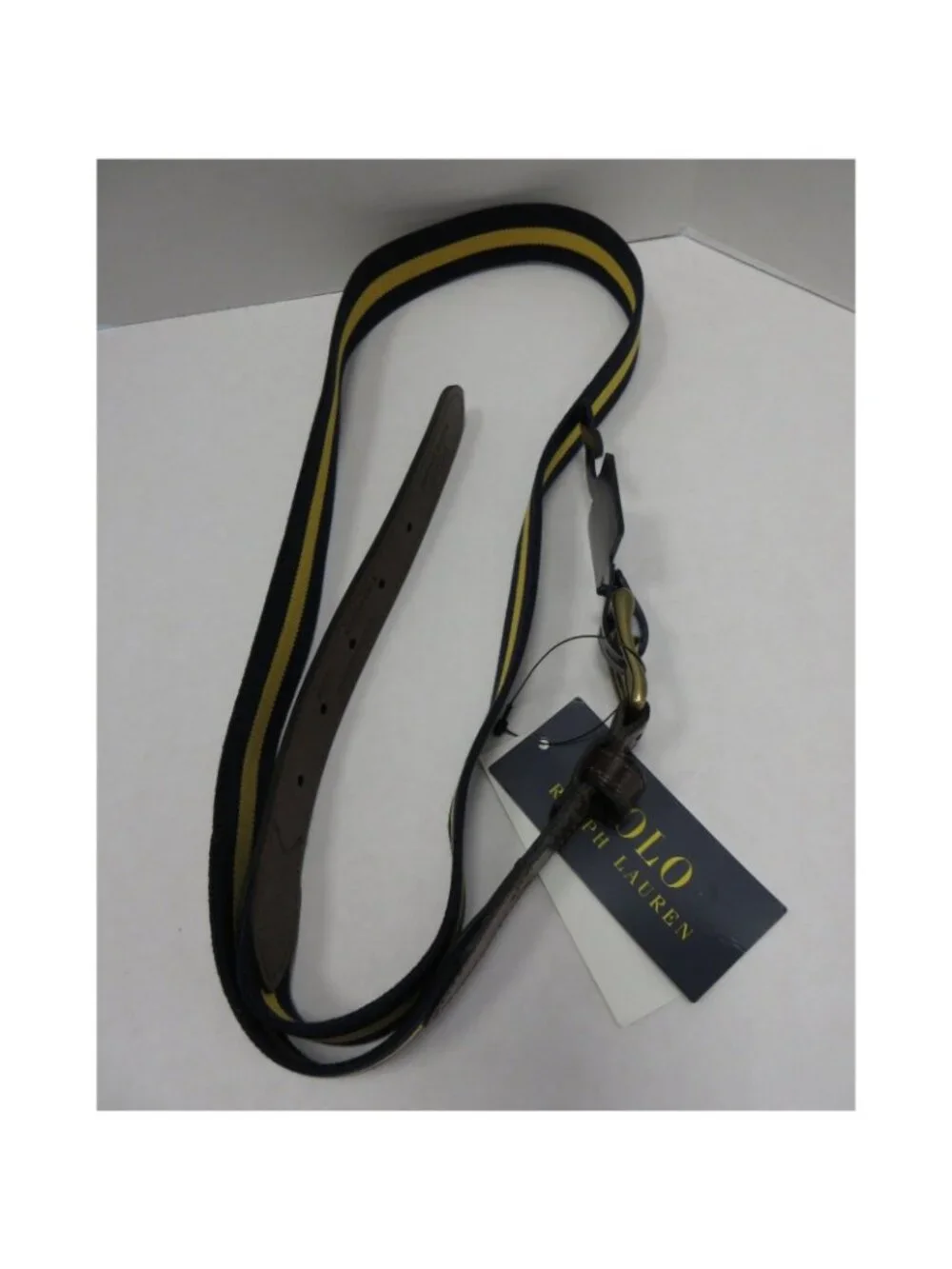 Polo Ralph Lauren Belt 42 Yellow Canvas Leather D Ring Striped Preppy